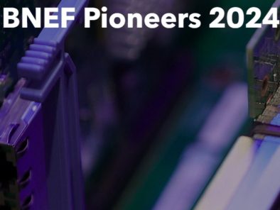 Close-up of electronic components with text "BNEF Pioneers 2024" overlayed.