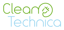 Logo with the text "Clean Technica" in green and blue, with a stylized green plug integrated into the letter "c".