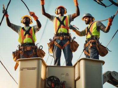 Three utility workers in safety gear stand in a lift bucket, handling electrical wires against a clear blue sky.