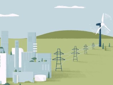 Illustration of a cityscape with skyscrapers on the left and a wind turbine on the right, connected by power lines across a green landscape.