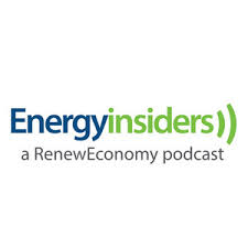 Logo for "Energy Insiders," a RenewEconomy podcast, with text in blue and green on a white background.