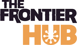 Logo displaying the words "The Frontier Hub" with a stylized network design below "Hub".