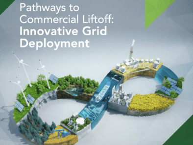 Infinity-shaped landscape featuring wind turbines, solar panels, a hydroelectric plant, and an industrial site. Text: "Pathways to Commercial Liftoff: Innovative Grid Deployment, April 2024.