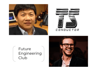 Two people are pictured alongside logos for TS Conductor and Future Engineering Club.