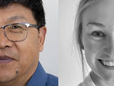 Two separate black-and-white images of a man on the left, wearing glasses and a blue shirt, and a woman on the right, smiling with earrings and light-colored hair.