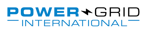 Logo of Power Grid International with the text in blue and black, separated by an arrow.