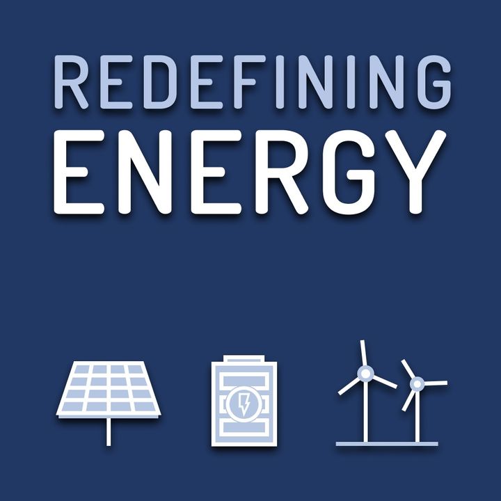 Text "Redefining Energy" with icons of a solar panel, battery, and wind turbines on a blue background.