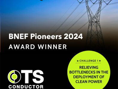 Image of a BloombergNEF award graphic for "BNEF Pioneers 2024." OTS Conductor wins Challenge 1 for "Relieving Bottlenecks in the Deployment of Clean Power.