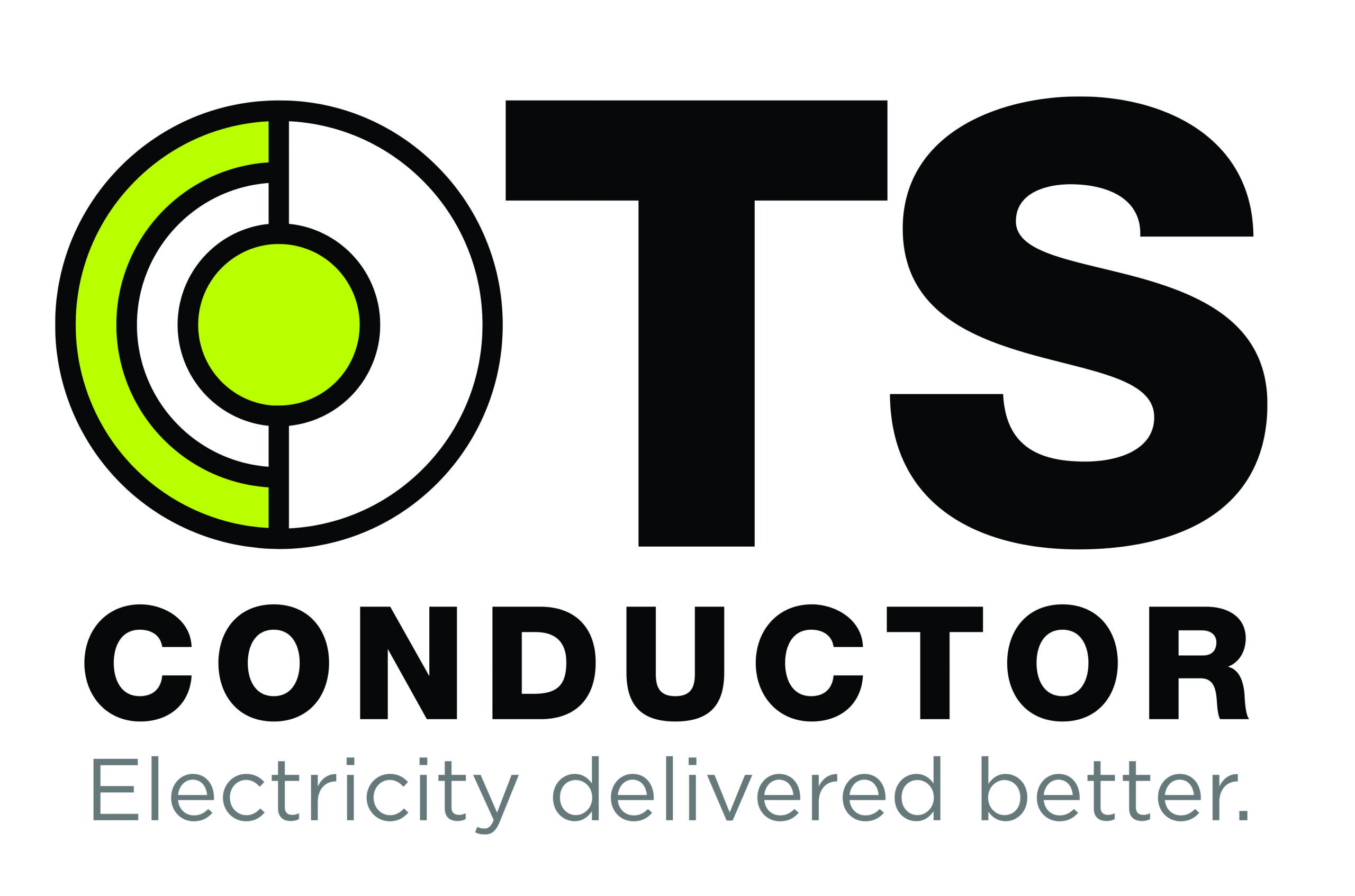 Logo of TS Conductor with the slogan "Electricity delivered better." The design includes a stylized circular element with green and black segments.