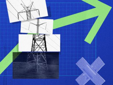 Collage of power line towers on a blue grid background with a green upward arrow and a blue tape X.