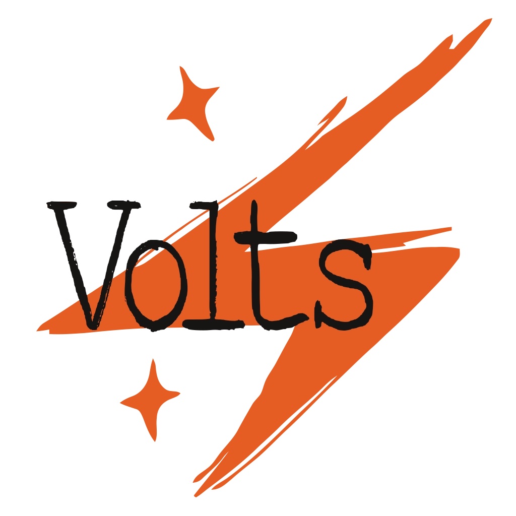 Stylized text "Volts" in black with orange lightning and stars design behind it.