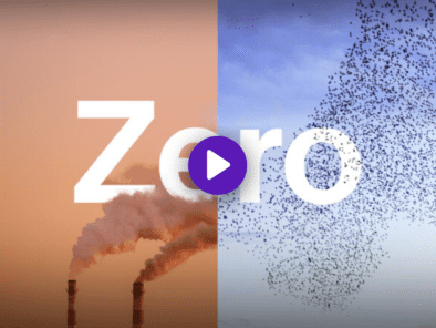 Podcast cover for "Zero" featuring two contrasting halves: one with smoking chimneys on an orange sky, the other with a flock of birds on a blue sky.