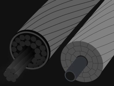 Diagram of two different cable cross-sections; on the left, a bundle of smaller wires, and on the right, a solid core surrounded by segmented material.