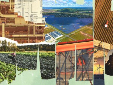 Collage of industrial, agricultural, and renewable energy scenes, featuring pipes, blueprints, solar panels, farmland, wind turbines, and factories.