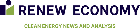 Logo of Renew Economy with a green and navy design, featuring the tagline "Clean Energy News and Analysis.