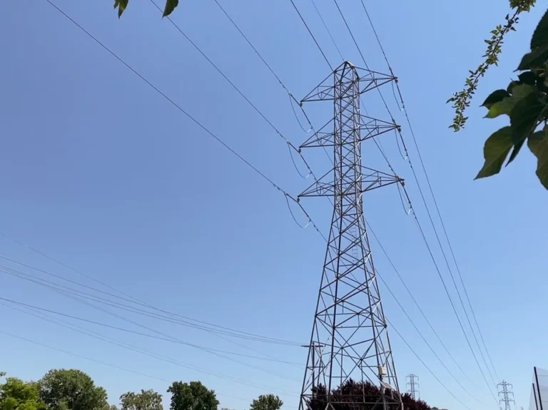 A tall metal electricity transmission tower with power lines against a clear blue sky and trees in the background.