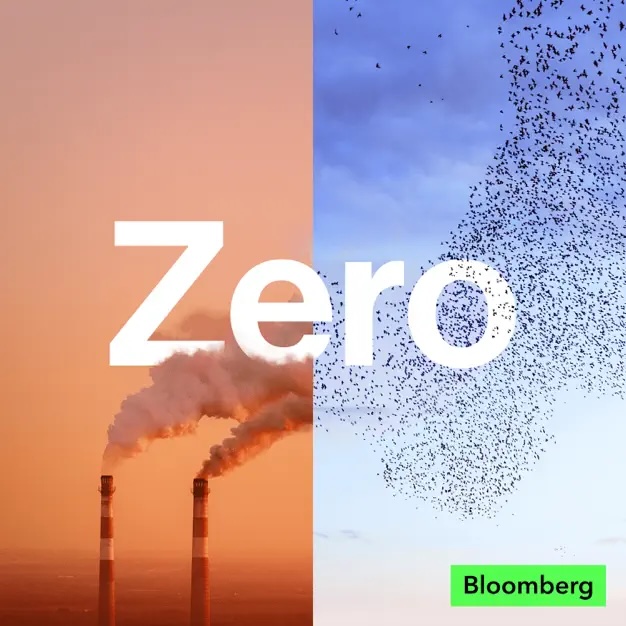 Split image: Left side shows two smokestacks emitting pollution; right side shows a flock of birds in a clear blue sky. Text "Zero" overlays, with a Bloomberg logo at the bottom.