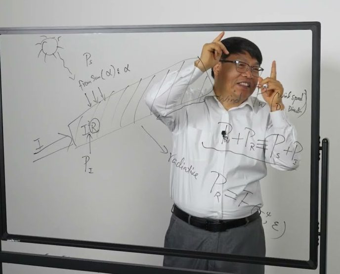 A person is standing behind a transparent board with mathematical equations, gesturing with both hands.