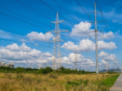 Electricity pylons in a grassy field under a blue sky with clouds